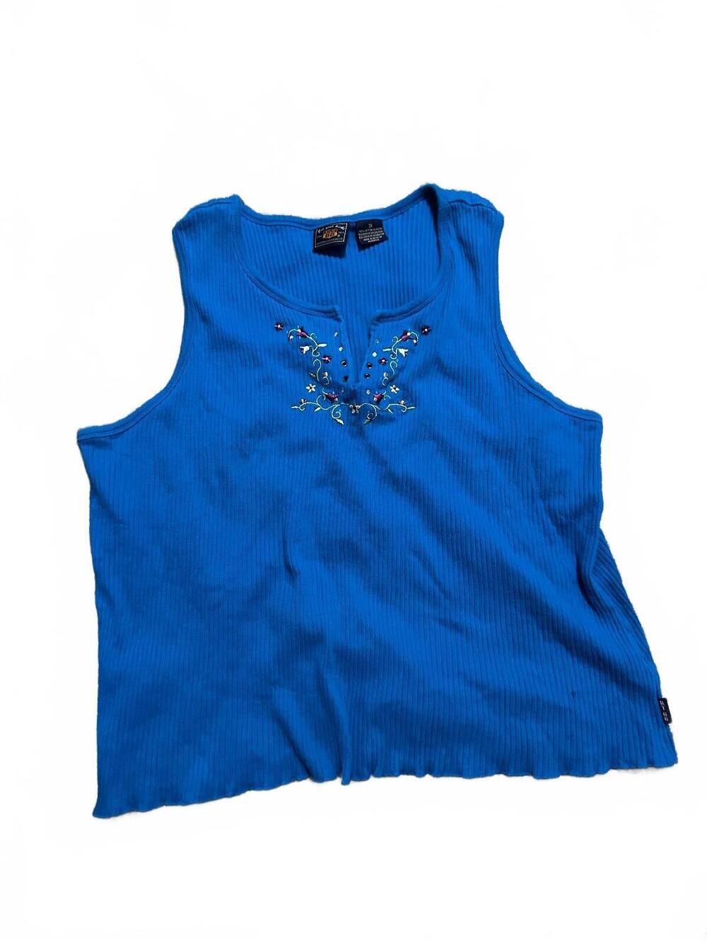 Route 66 Y2K Blue Ribbed Tank With Embroidery and Sequin Top Size 3X